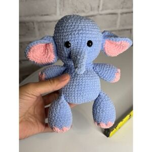 Handmade Baby Blue Crochet Amigurumi Elephant Plush  Pink Ears Soft Gift